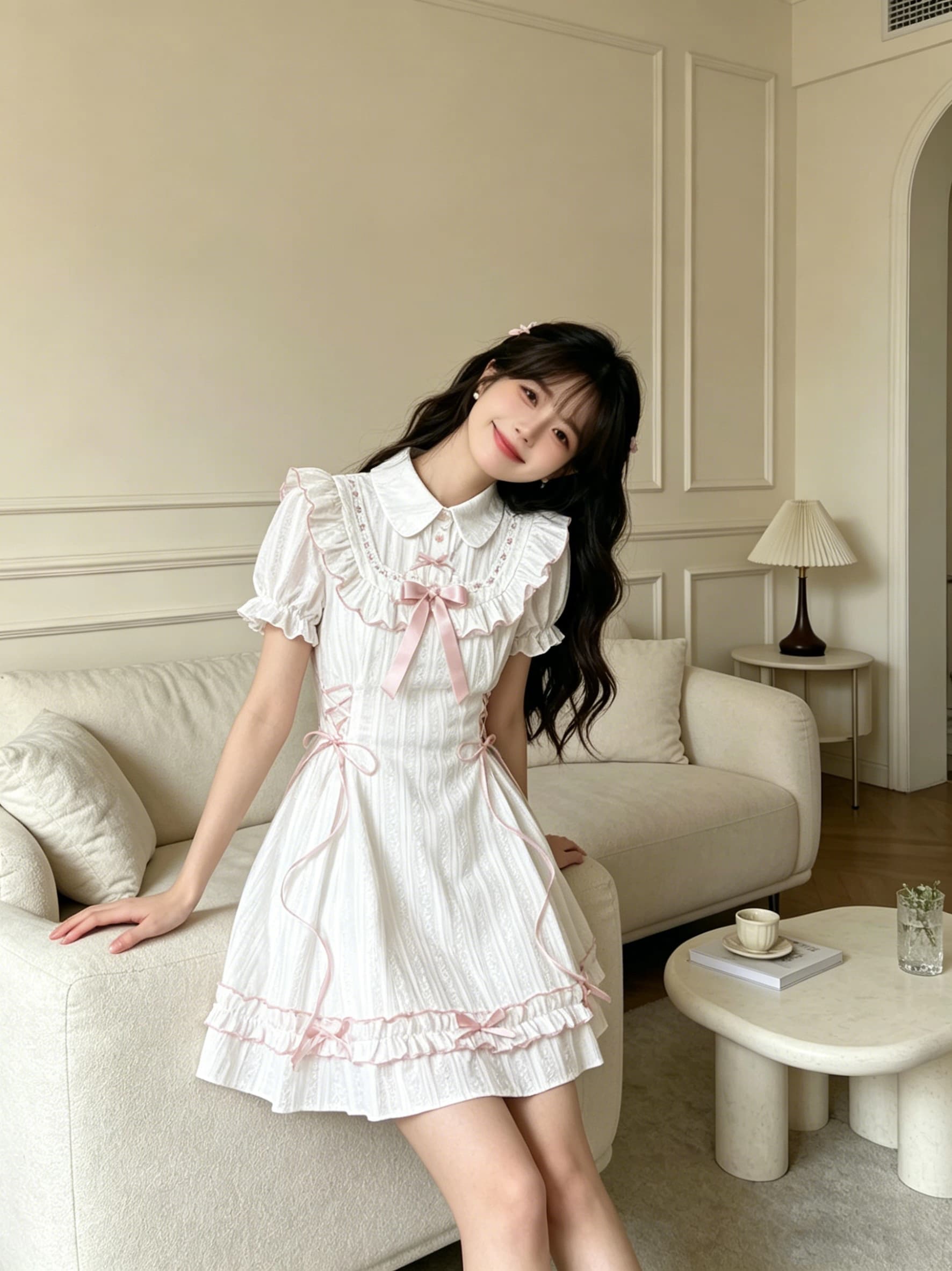 라 라 소스 구름 객실 차 개선 국풍 달콤한 자매 자카드 새로운 중식 드레스 프릴 핑크색 소녀 미니 스커트 이미지 2