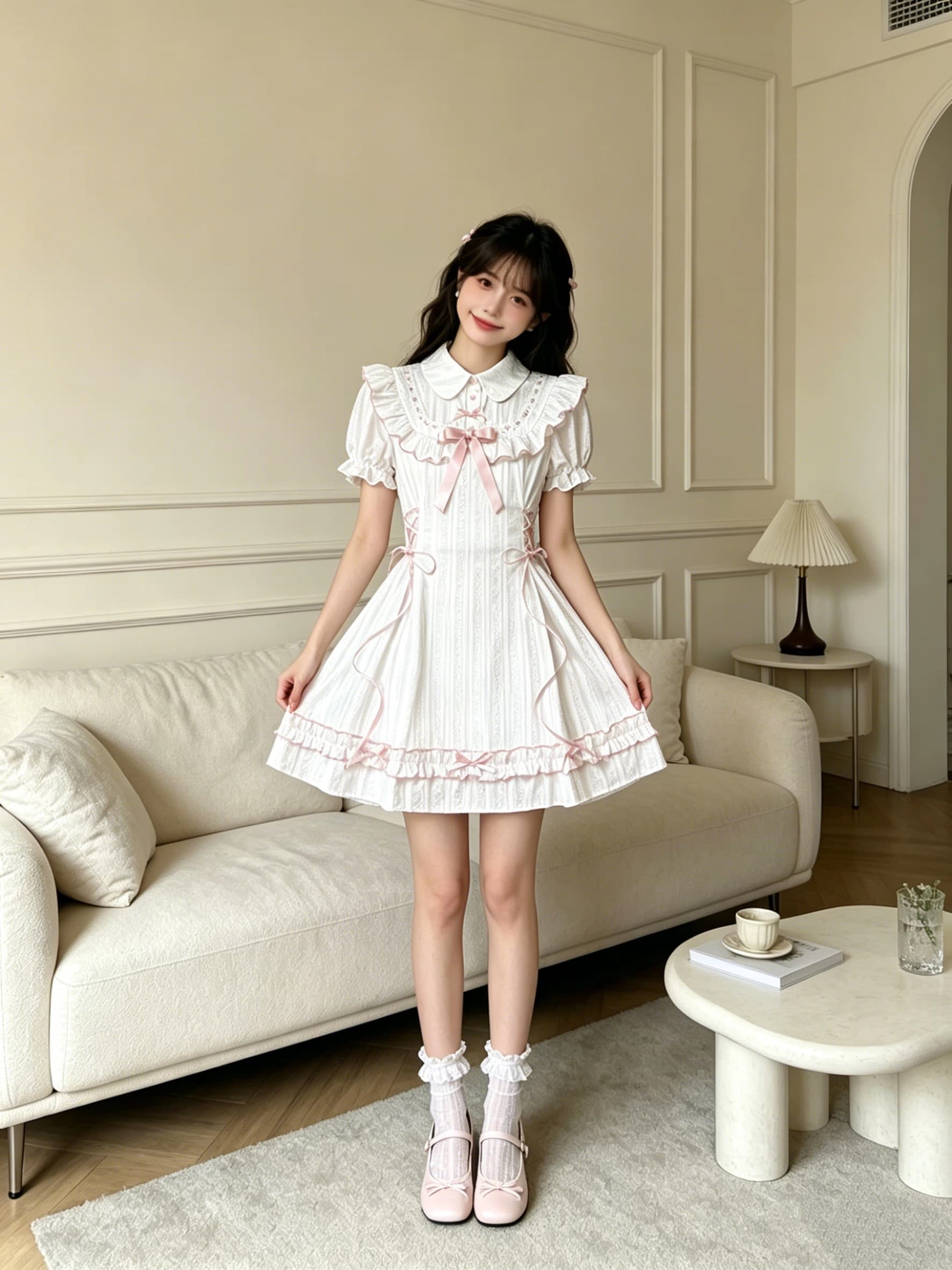 라 라 소스 구름 객실 차 개선 국풍 달콤한 자매 자카드 새로운 중식 드레스 프릴 핑크색 소녀 미니 스커트 이미지 3
