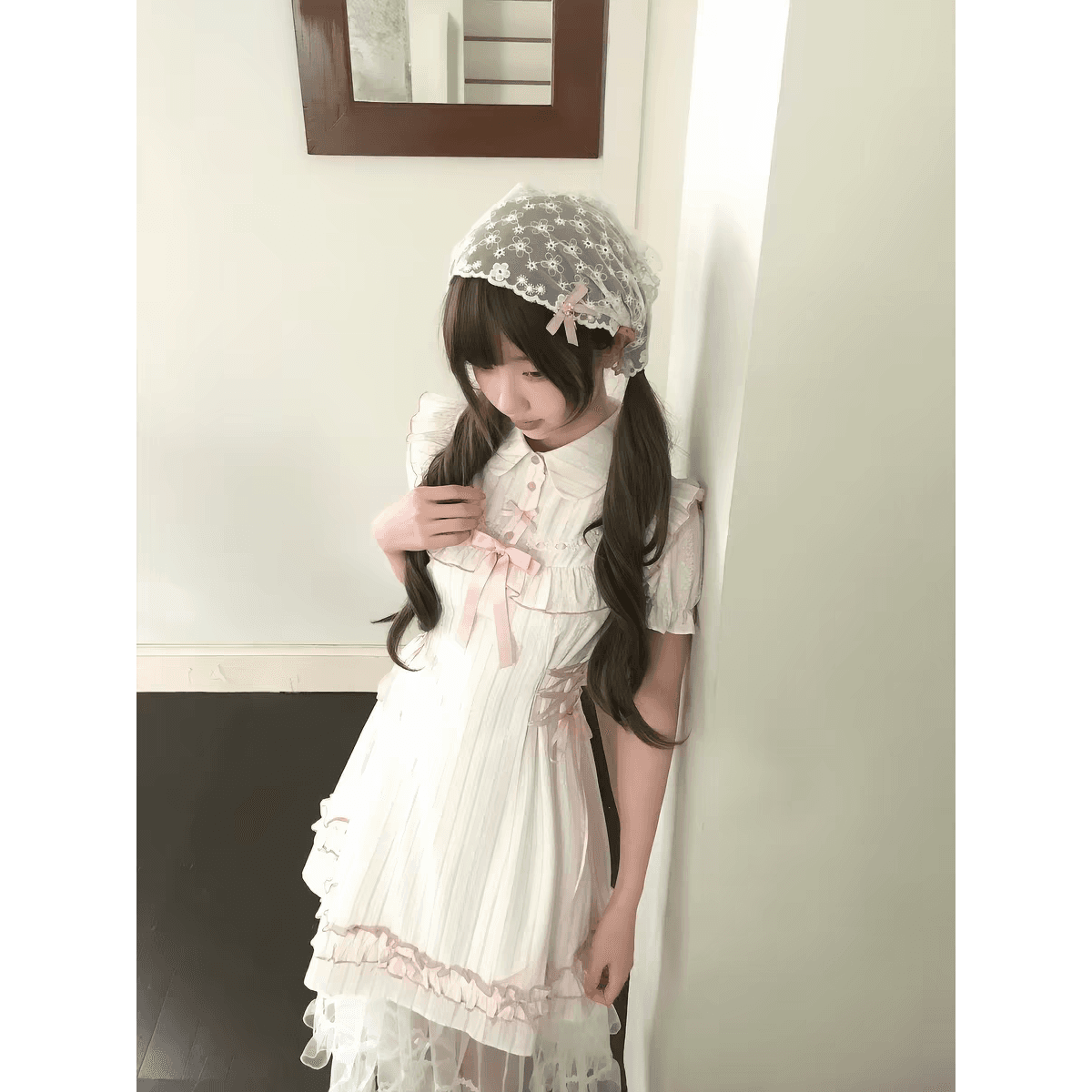 라 라 소스 구름 객실 차 개선 국풍 달콤한 자매 자카드 새로운 중식 드레스 프릴 핑크색 소녀 미니 스커트 이미지 5