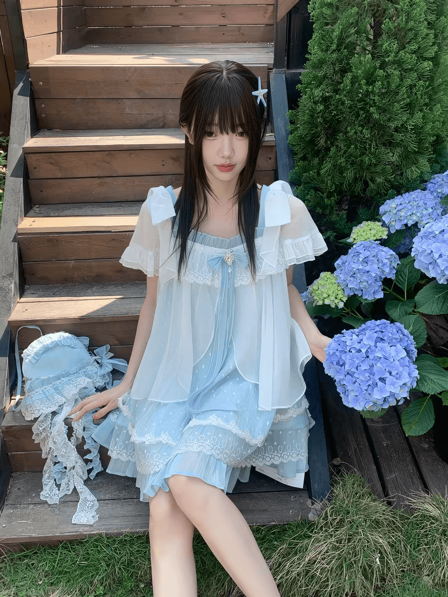 라 라 소스 플로팅 라이트 얕은 꿈 해파리 치마 레이스 인형 치마 3 차원 나비 매듭 도트 무늬 자카드 여성 드레스 이미지 2