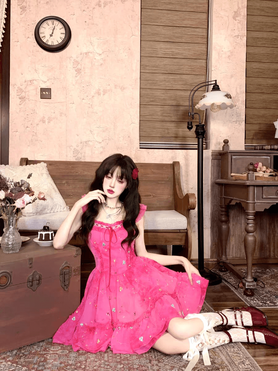 bull0313 하나 배 라스베리 케이크 장미 빨간색 달콤함 자수 홀치기 염색 퍼프 공주 드레스 짧은 이미지 2