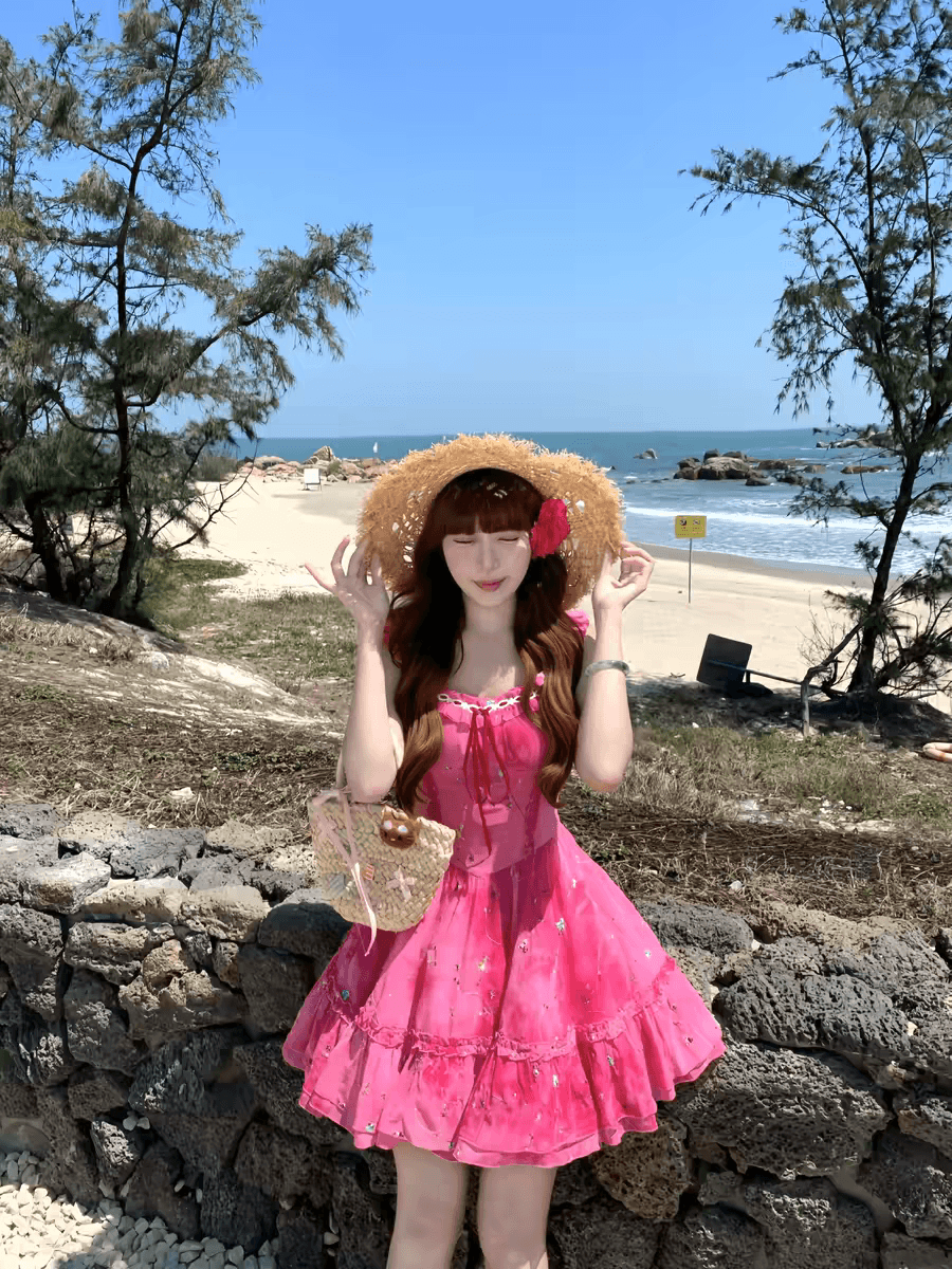 bull0313 하나 배 라스베리 케이크 장미 빨간색 달콤함 자수 홀치기 염색 퍼프 공주 드레스 짧은 상세 이미지 1