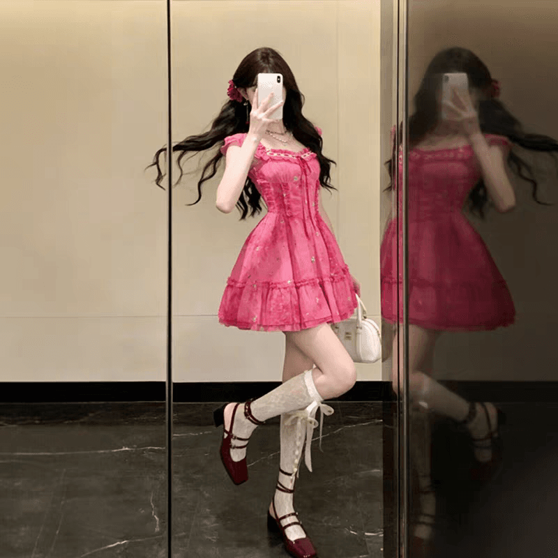 bull0313 하나 배 라스베리 케이크 장미 빨간색 달콤함 자수 홀치기 염색 퍼프 공주 드레스 짧은 상세 이미지 2