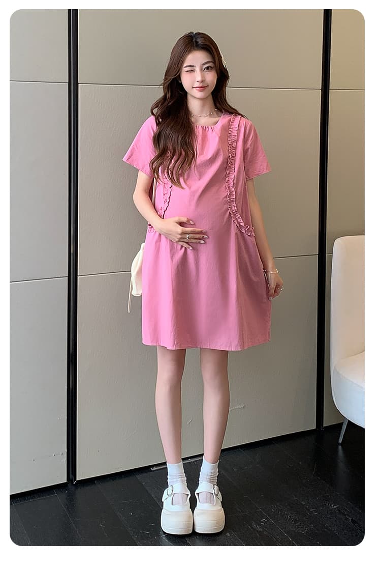 실사 지금 여름 새로운 임산부 프랑스식 작은 대중 고급 센스 프릴 표지 고기 슬림해 보이는 있음 주머니 드레스 상세 이미지 17