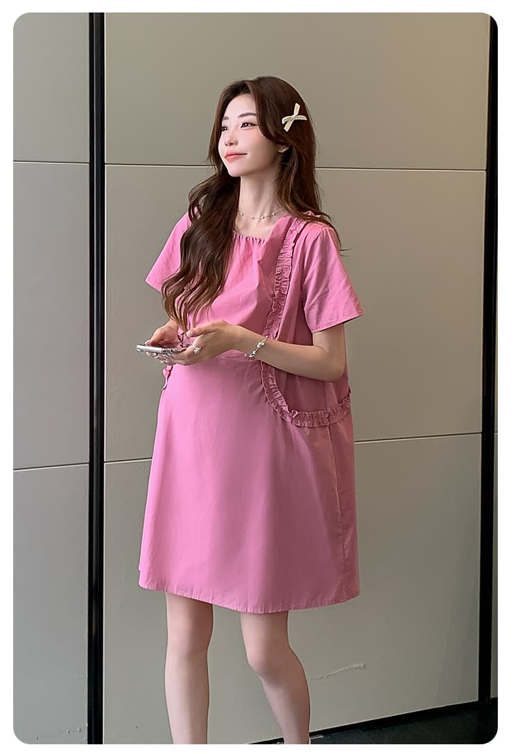 실사 지금 여름 새로운 임산부 프랑스식 작은 대중 고급 센스 프릴 표지 고기 슬림해 보이는 있음 주머니 드레스 상세 이미지 20