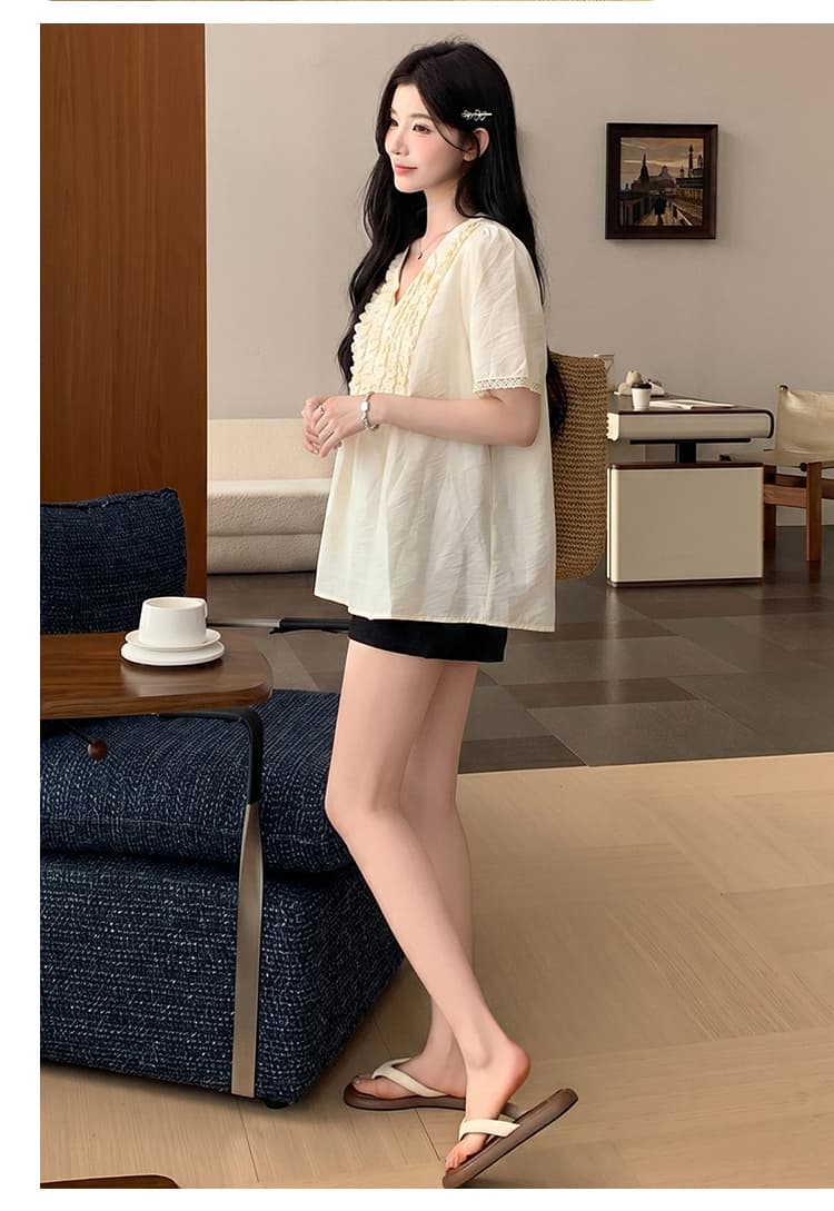 실사 임산부 여름 새로운 프랑스식 V넥 프릴 셔츠 임산부 맨위 상세 이미지 7