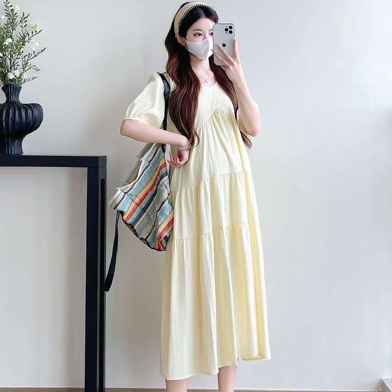 실사 지금 임산부 여름 드레스 드레스 새로운 한국 스타일 패션 미니멀리즘 V넥 루즈핏 빅 사이즈 치마 여름 이미지 4