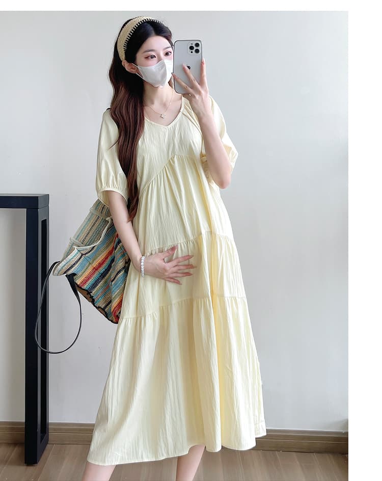 실사 지금 임산부 여름 드레스 드레스 새로운 한국 스타일 패션 미니멀리즘 V넥 루즈핏 빅 사이즈 치마 여름 상세 이미지 28