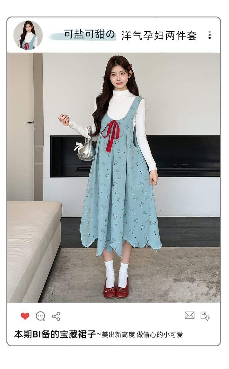 실사 지금 임산부 가을 의상 새로운 니트 맨위 데님 임산부 멜빵 드레스 고급 센스 치마 세트 상세 이미지 1