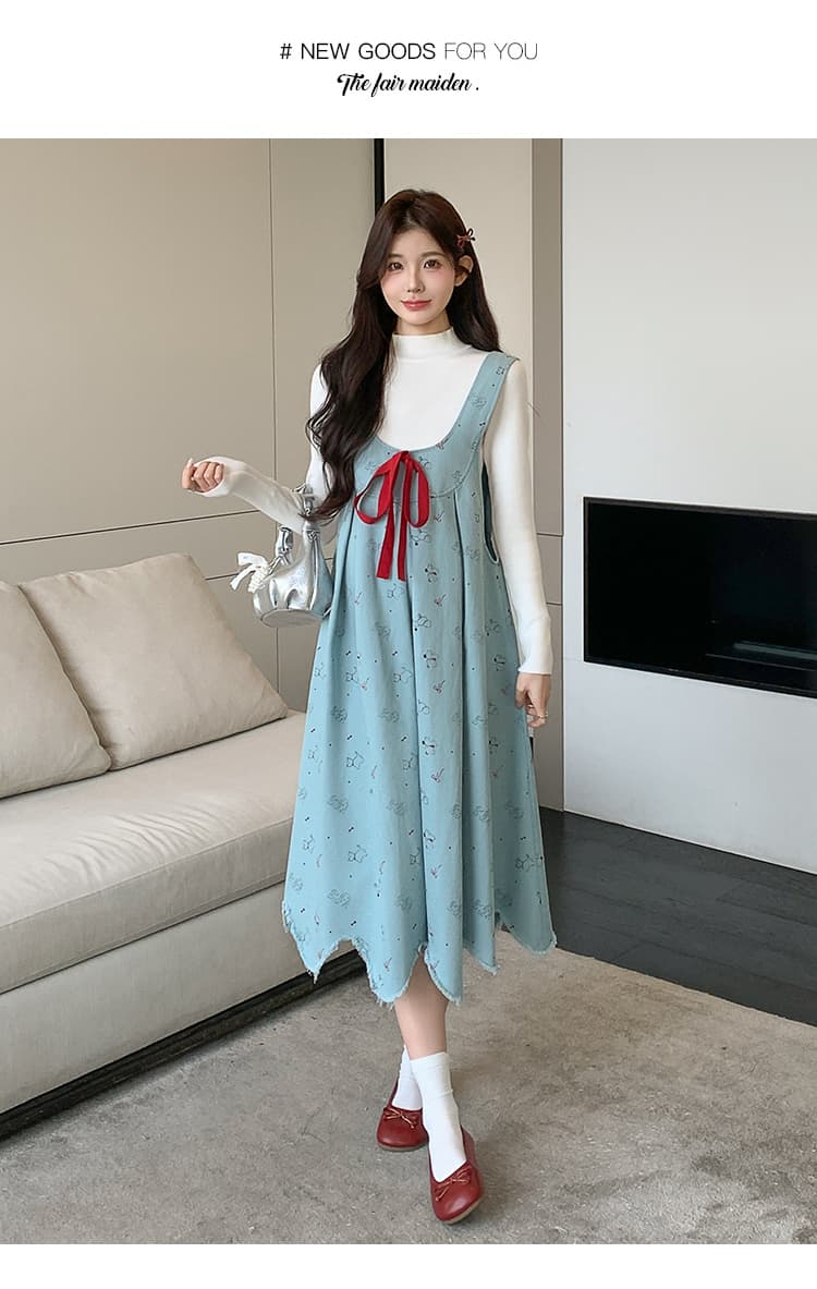 실사 지금 임산부 가을 의상 새로운 니트 맨위 데님 임산부 멜빵 드레스 고급 센스 치마 세트 상세 이미지 11