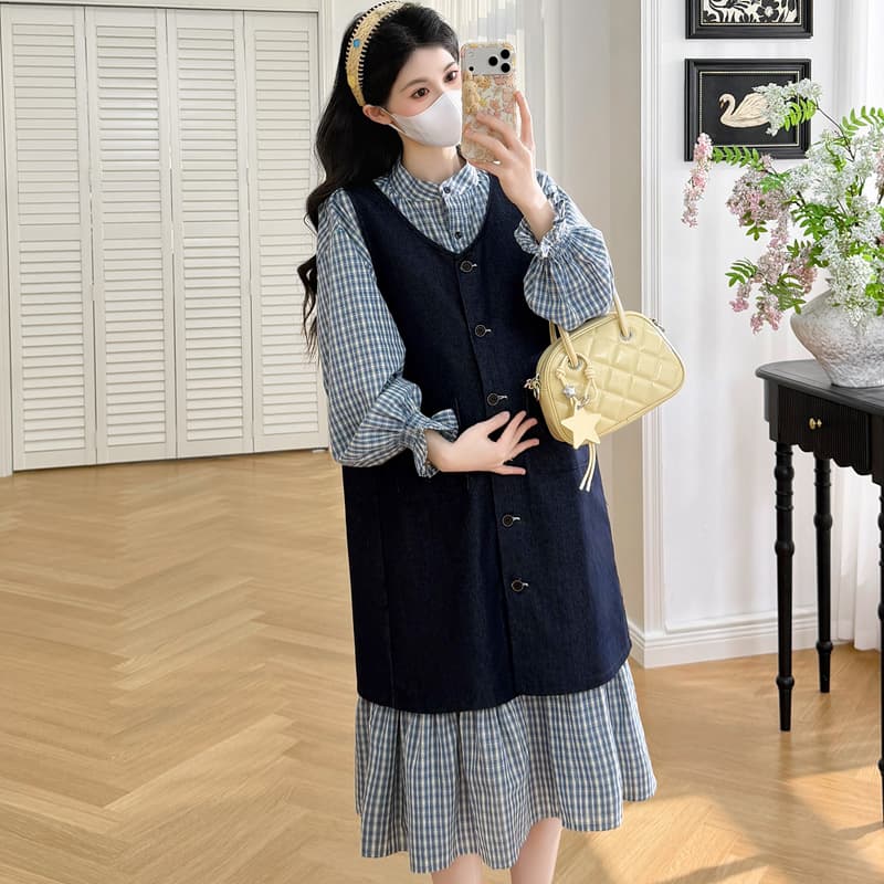 임산부 가을 의상 새로운 한 부서 데님 조끼 여성 드레스 체크무늬 셔츠 드레스 두 조각 패션 세트 이미지 5