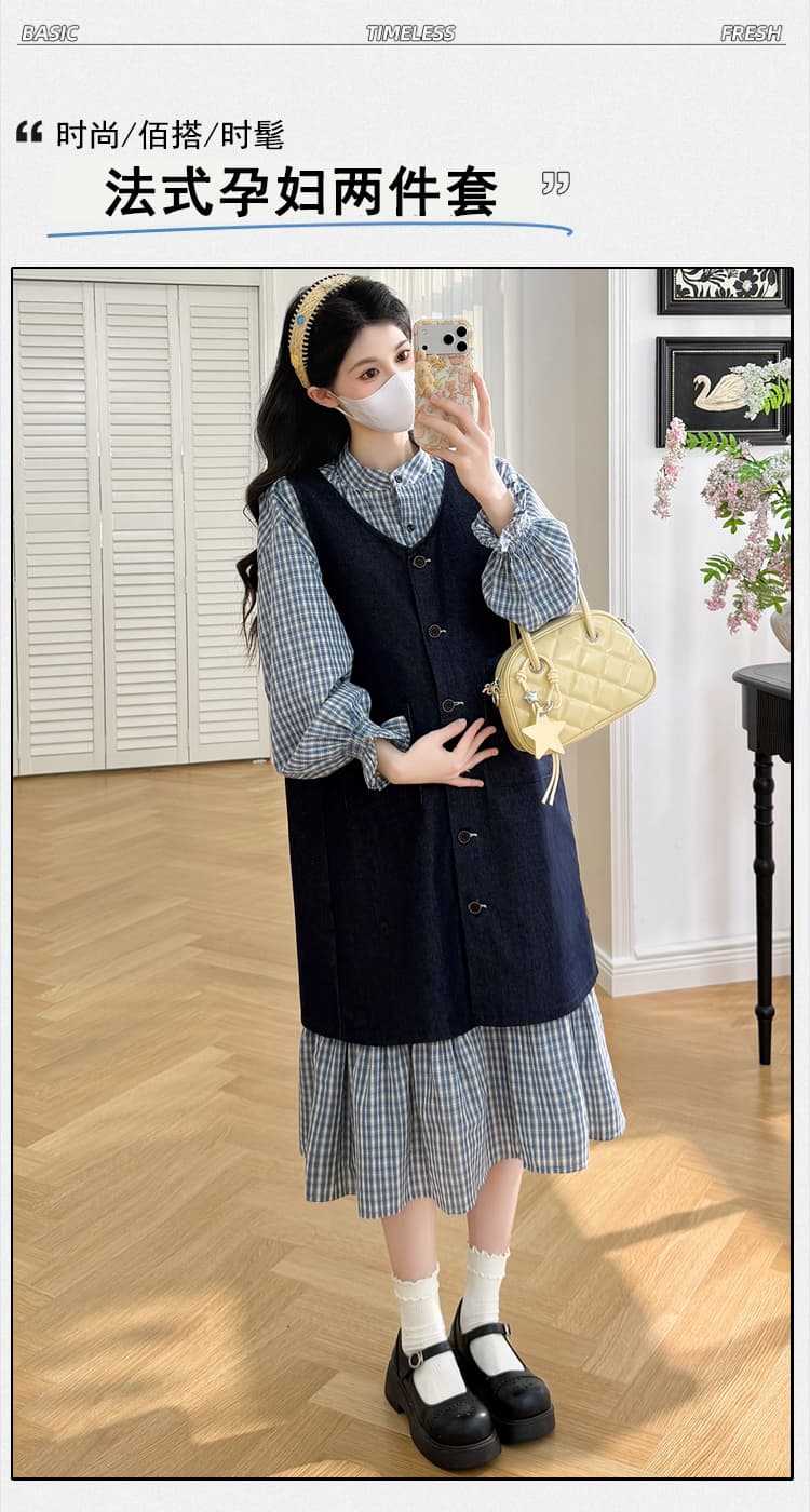 임산부 가을 의상 새로운 한 부서 데님 조끼 여성 드레스 체크무늬 셔츠 드레스 두 조각 패션 세트 상세 이미지 1