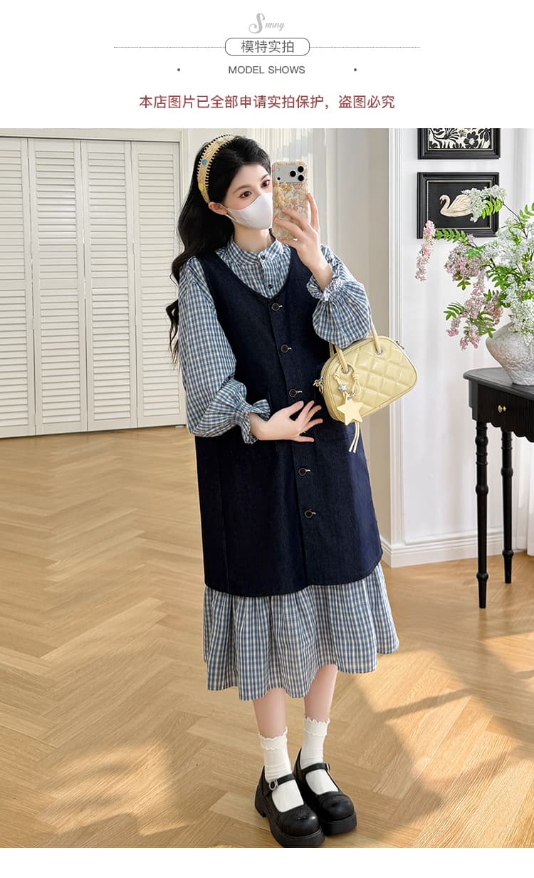 임산부 가을 의상 새로운 한 부서 데님 조끼 여성 드레스 체크무늬 셔츠 드레스 두 조각 패션 세트 상세 이미지 9