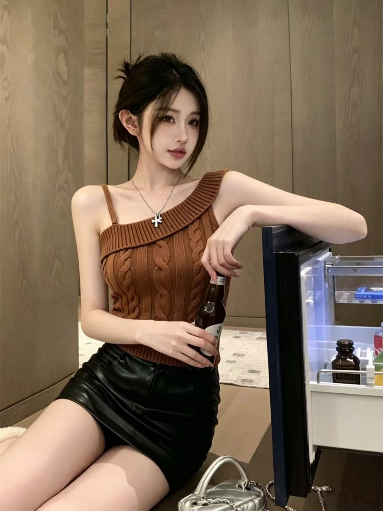 실사 정가 여름 새로운 핫걸 순수한 욕망 비스듬한 어깨 수 있습니다. 조정 꽈배기 니트 몸매 가꾸기 슬림해 보이는 조끼 맨위 상세 이미지 2
