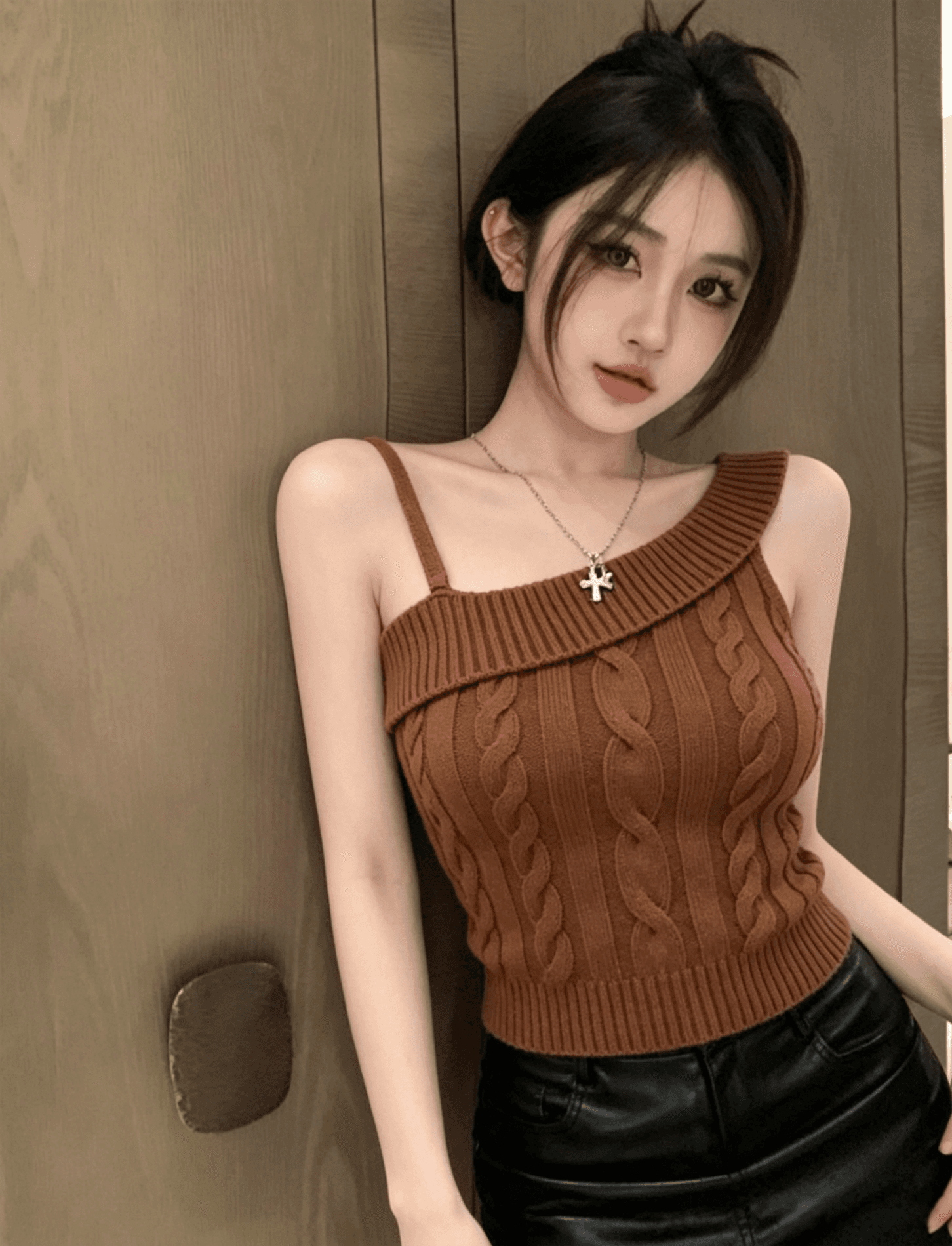 실사 정가 여름 새로운 핫걸 순수한 욕망 비스듬한 어깨 수 있습니다. 조정 꽈배기 니트 몸매 가꾸기 슬림해 보이는 조끼 맨위 상세 이미지 4