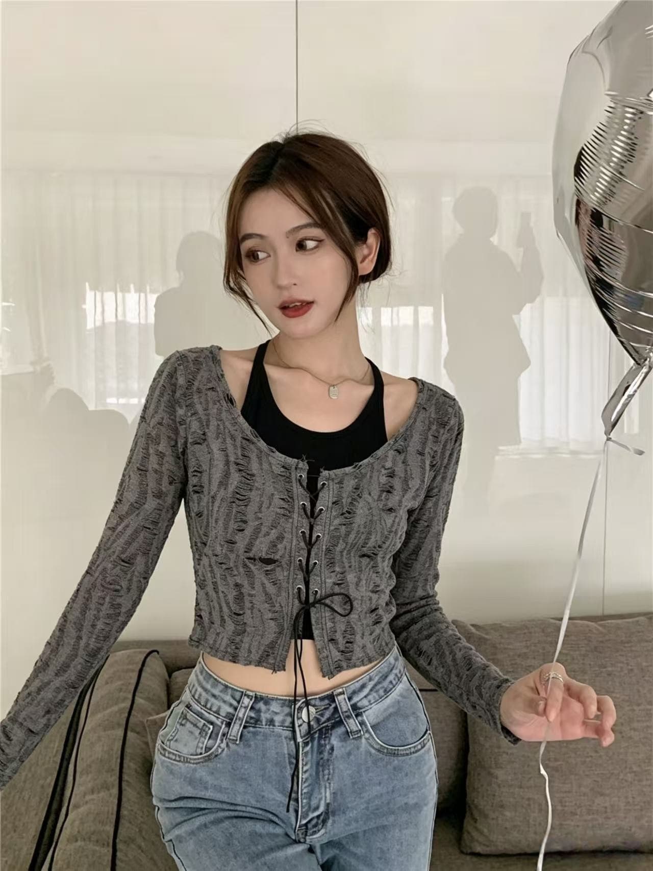 실사 정가 레트로 마 오래된 달콤한 차가운 사실 투피스 세트 레이스업 조끼 세트 펌프 로프 재킷 천년기 핫걸 상세 이미지 4