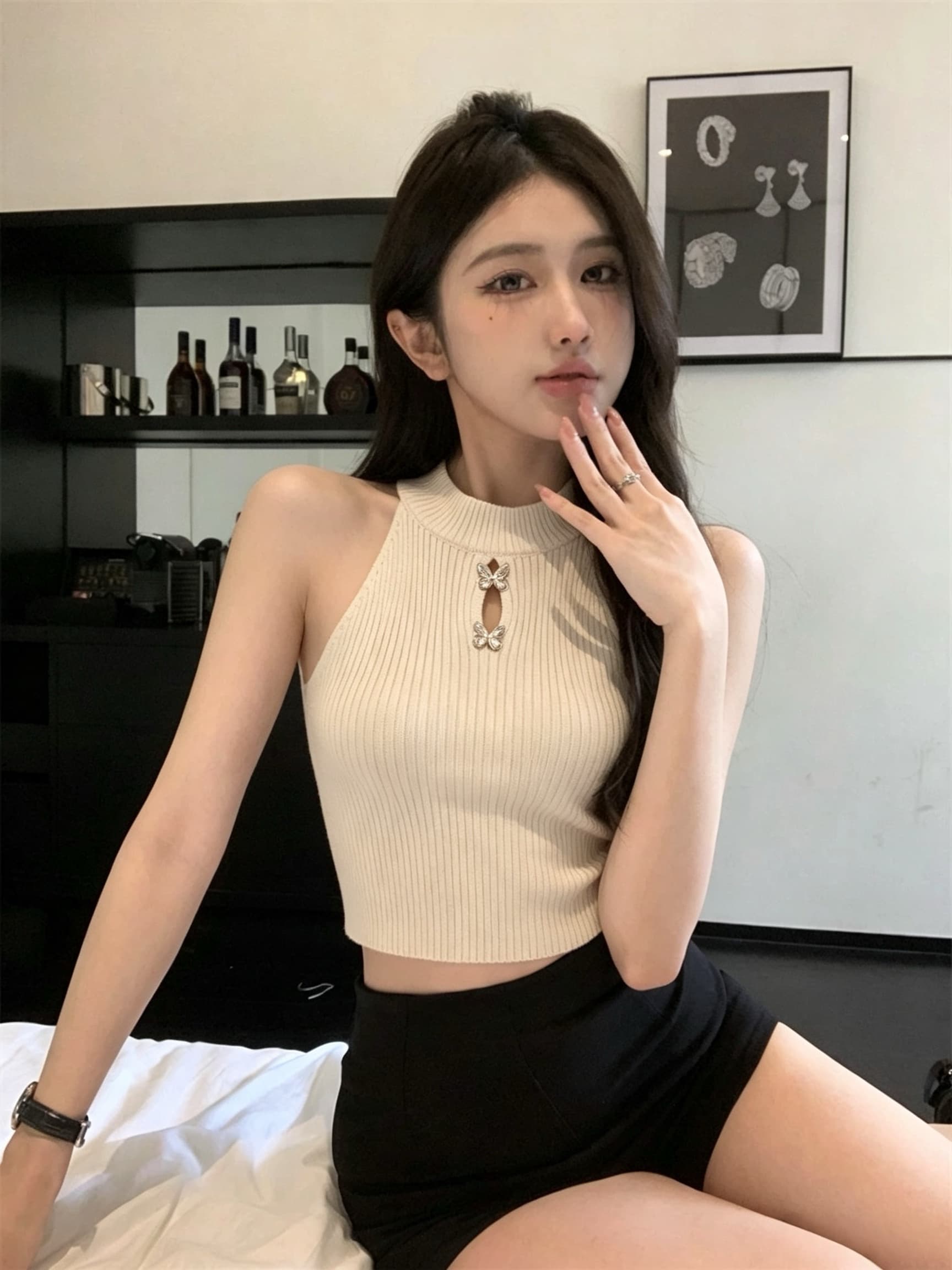 실사 정가 여름 새로운 핫걸 연인 행침 목 슬립 나비 홀로우 아웃 디자인 센스 이미지 4