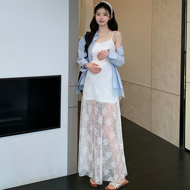 실사 지금 임산부 드레스 봄 섹시함 레이스 슬립 드레스 레이스 조각 셔츠 긴팔 투피스 세트 이미지 4