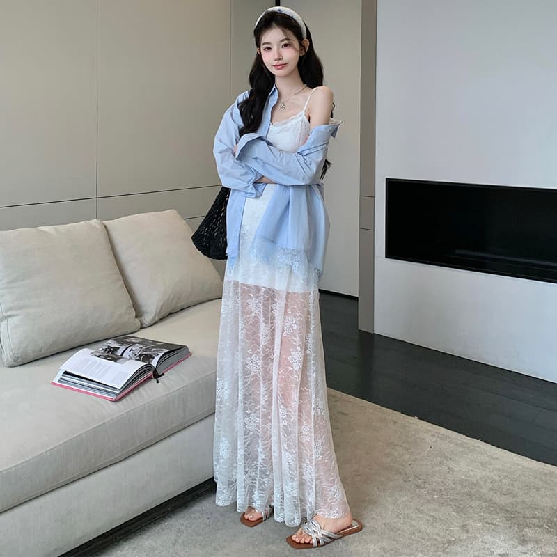 실사 지금 임산부 드레스 봄 섹시함 레이스 슬립 드레스 레이스 조각 셔츠 긴팔 투피스 세트 이미지 3