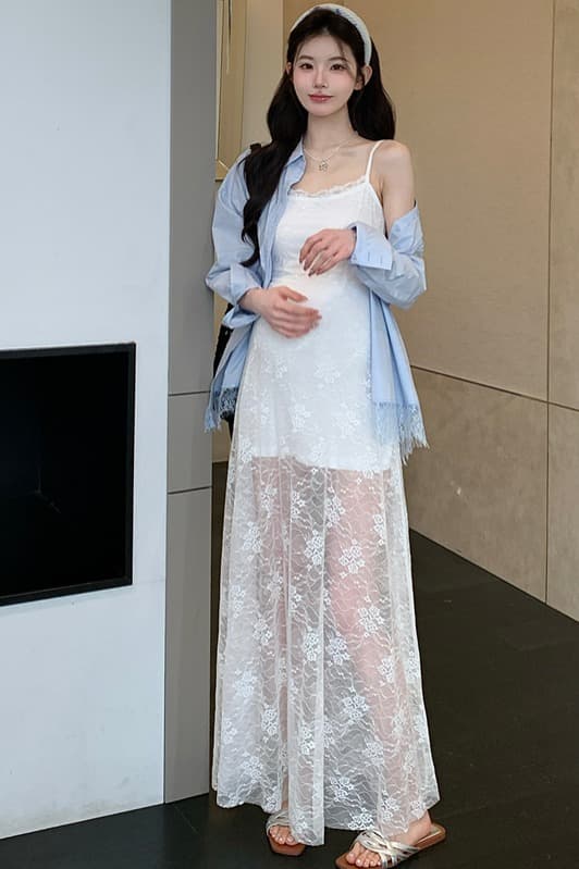 실사 지금 임산부 드레스 봄 섹시함 레이스 슬립 드레스 레이스 조각 셔츠 긴팔 투피스 세트 이미지 6