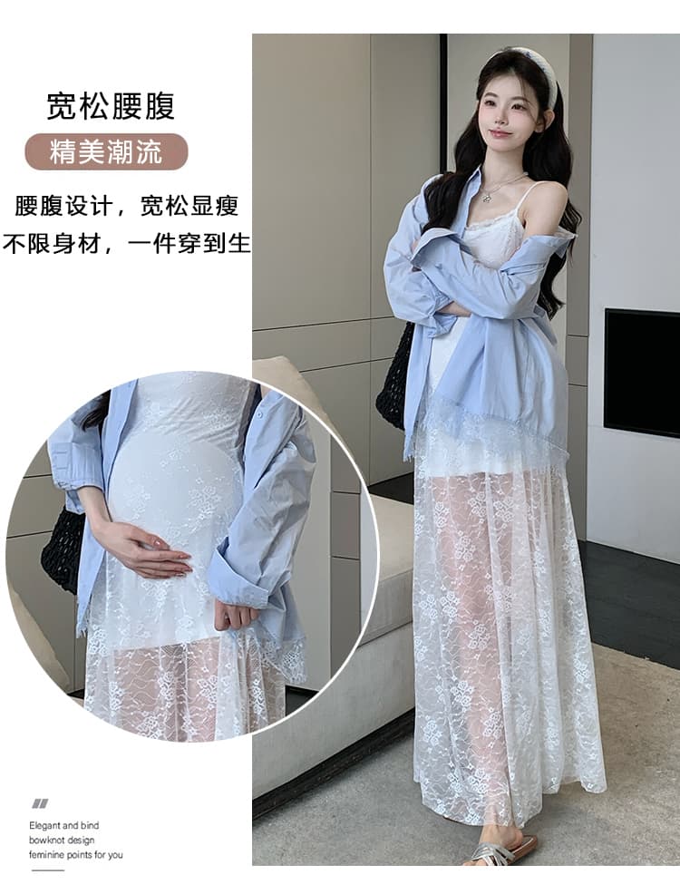 실사 지금 임산부 드레스 봄 섹시함 레이스 슬립 드레스 레이스 조각 셔츠 긴팔 투피스 세트 상세 이미지 6