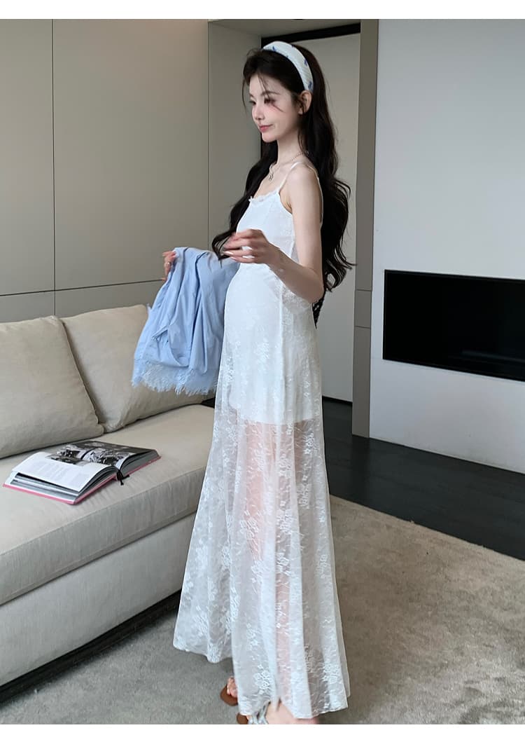 실사 지금 임산부 드레스 봄 섹시함 레이스 슬립 드레스 레이스 조각 셔츠 긴팔 투피스 세트 상세 이미지 13