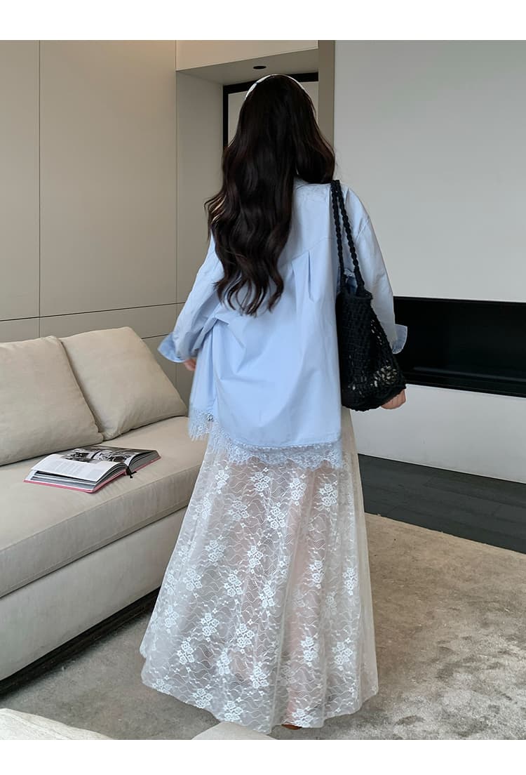 실사 지금 임산부 드레스 봄 섹시함 레이스 슬립 드레스 레이스 조각 셔츠 긴팔 투피스 세트 상세 이미지 16