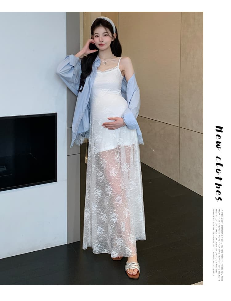 실사 지금 임산부 드레스 봄 섹시함 레이스 슬립 드레스 레이스 조각 셔츠 긴팔 투피스 세트 상세 이미지 17