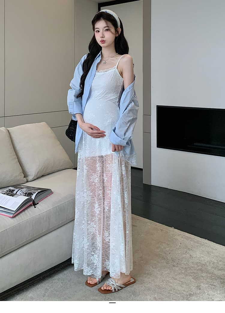 실사 지금 임산부 드레스 봄 섹시함 레이스 슬립 드레스 레이스 조각 셔츠 긴팔 투피스 세트 상세 이미지 20