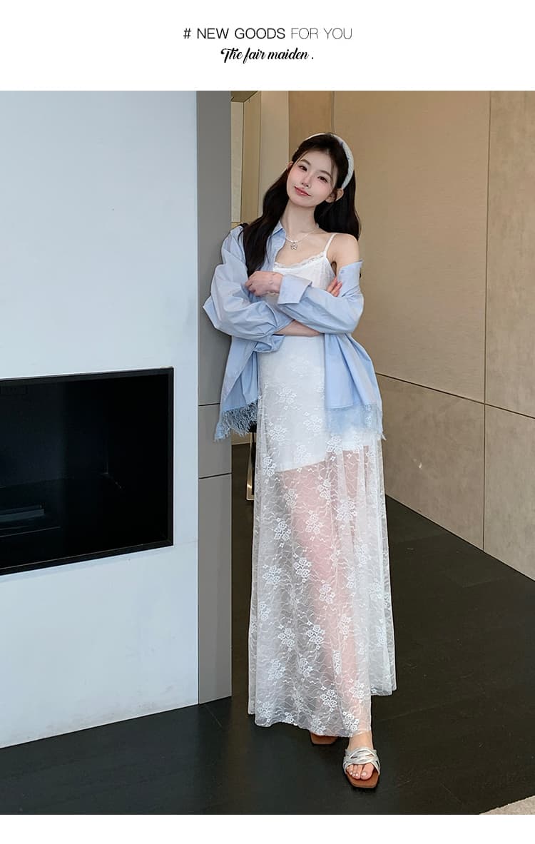 실사 지금 임산부 드레스 봄 섹시함 레이스 슬립 드레스 레이스 조각 셔츠 긴팔 투피스 세트 상세 이미지 29