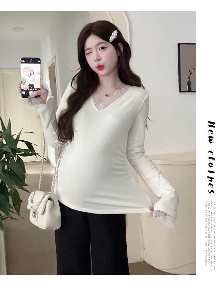 실사 지금 임산부 티셔츠 긴팔 출산 착용 봄 드레스 만나는 맨위 레이스 조각 슬림해 보이는 섹시함 임산부 맨위 상세 이미지 16
