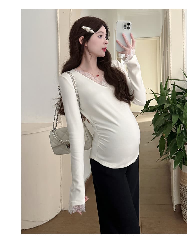 실사 지금 임산부 티셔츠 긴팔 출산 착용 봄 드레스 만나는 맨위 레이스 조각 슬림해 보이는 섹시함 임산부 맨위 상세 이미지 17