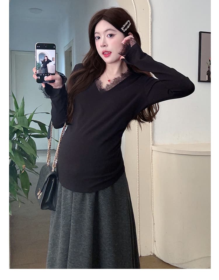 실사 지금 임산부 티셔츠 긴팔 출산 착용 봄 드레스 만나는 맨위 레이스 조각 슬림해 보이는 섹시함 임산부 맨위 상세 이미지 29