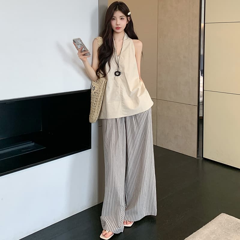 실사 재고 있음 임산부 세트 공격 패션 섹션 아마 민소매 조끼 세로 줄무늬 임산부 와이드 레그 팬츠 세트 이미지 3