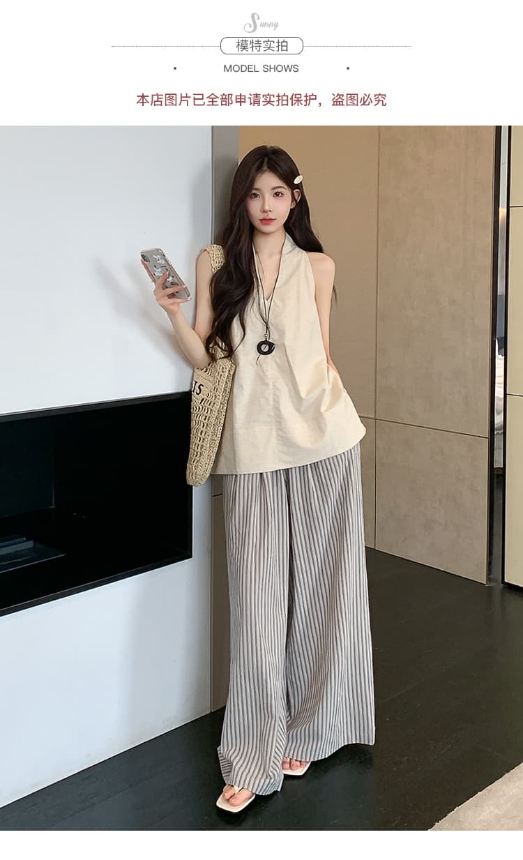 실사 재고 있음 임산부 세트 공격 패션 섹션 아마 민소매 조끼 세로 줄무늬 임산부 와이드 레그 팬츠 세트 상세 이미지 8