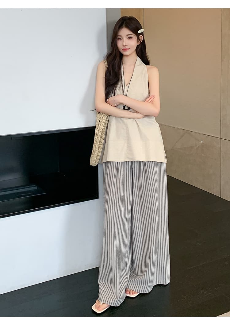 실사 재고 있음 임산부 세트 공격 패션 섹션 아마 민소매 조끼 세로 줄무늬 임산부 와이드 레그 팬츠 세트 상세 이미지 11