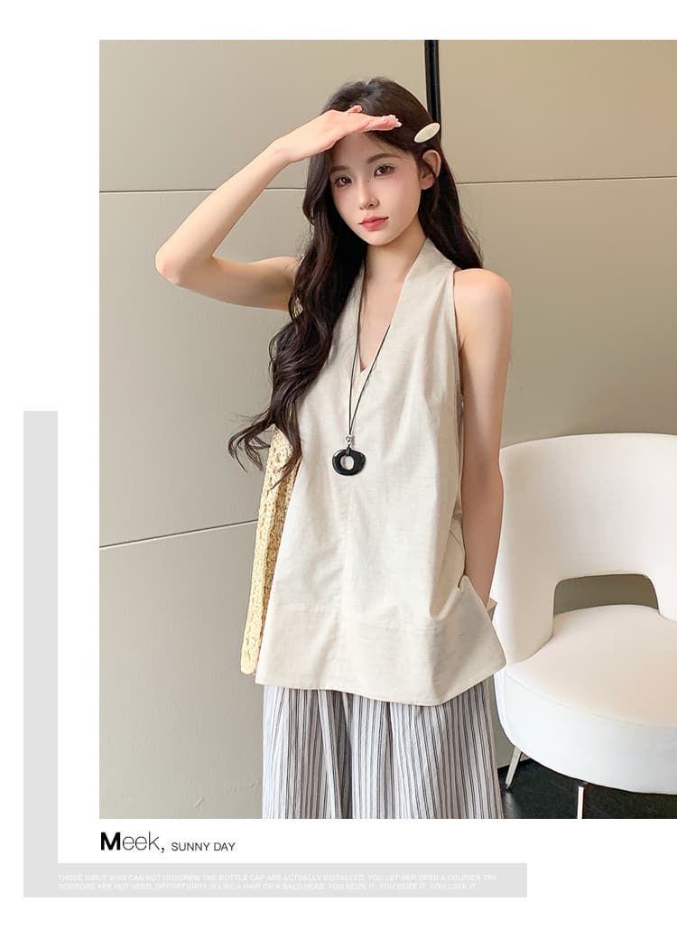 실사 재고 있음 임산부 세트 공격 패션 섹션 아마 민소매 조끼 세로 줄무늬 임산부 와이드 레그 팬츠 세트 상세 이미지 12