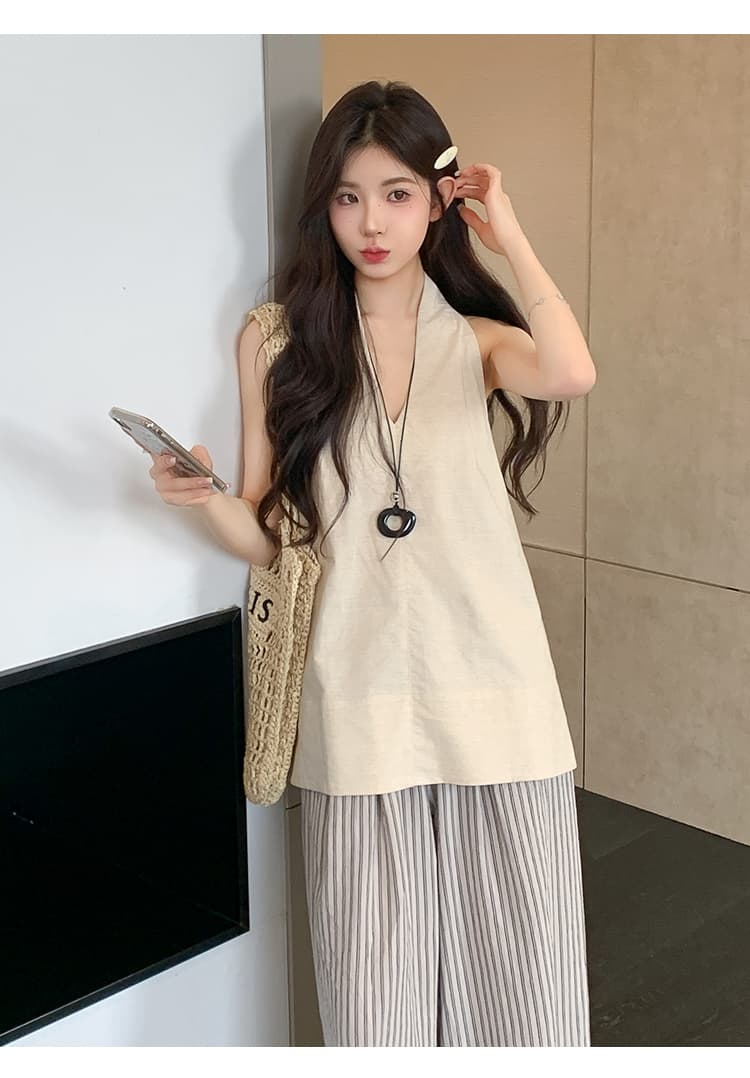 실사 재고 있음 임산부 세트 공격 패션 섹션 아마 민소매 조끼 세로 줄무늬 임산부 와이드 레그 팬츠 세트 상세 이미지 13