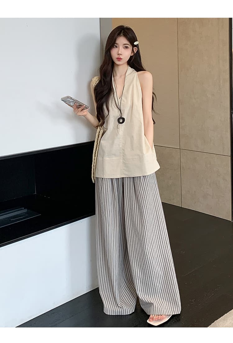 실사 재고 있음 임산부 세트 공격 패션 섹션 아마 민소매 조끼 세로 줄무늬 임산부 와이드 레그 팬츠 세트 상세 이미지 14