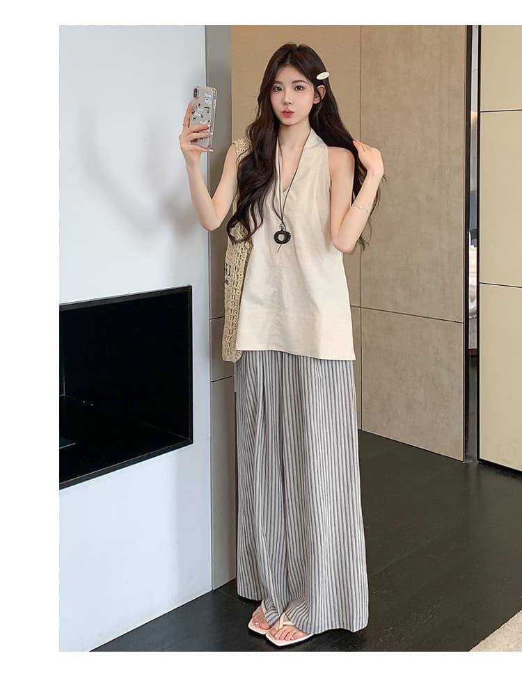 실사 재고 있음 임산부 세트 공격 패션 섹션 아마 민소매 조끼 세로 줄무늬 임산부 와이드 레그 팬츠 세트 상세 이미지 16