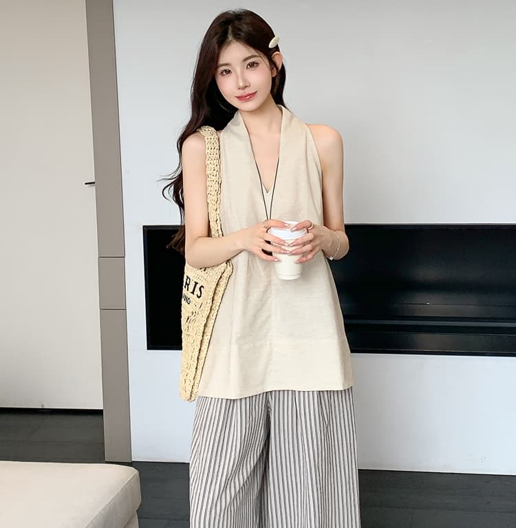실사 재고 있음 임산부 세트 공격 패션 섹션 아마 민소매 조끼 세로 줄무늬 임산부 와이드 레그 팬츠 세트 상세 이미지 22
