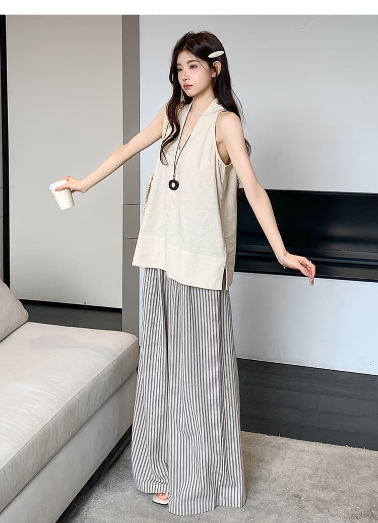 실사 재고 있음 임산부 세트 공격 패션 섹션 아마 민소매 조끼 세로 줄무늬 임산부 와이드 레그 팬츠 세트 상세 이미지 24