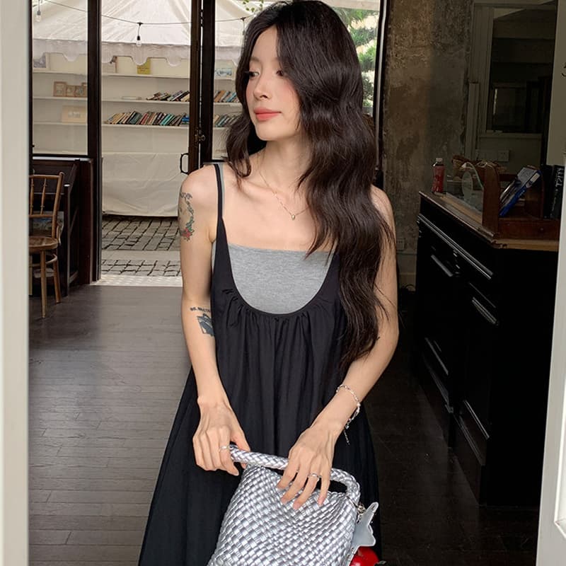 재고 있음 임산부 드레스 여름 민소매 루즈핏 느슨함 센스 표지 고기 확실하지 않음 임신 한 출산 스커트 슬립 치마 세트 이미지 4
