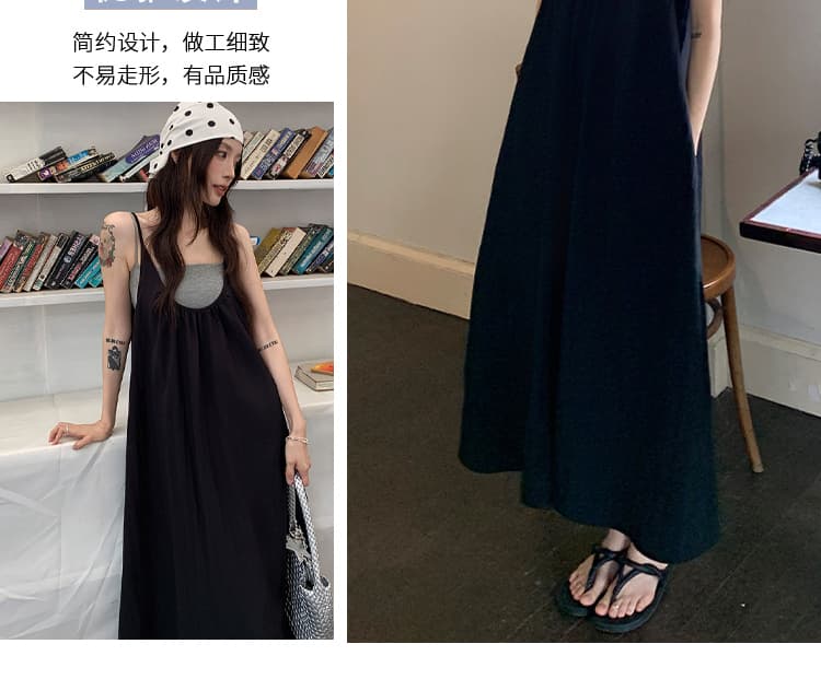 재고 있음 임산부 드레스 여름 민소매 루즈핏 느슨함 센스 표지 고기 확실하지 않음 임신 한 출산 스커트 슬립 치마 세트 상세 이미지 4