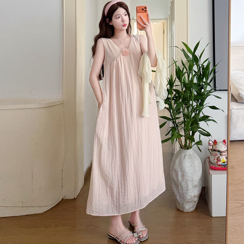 실사 임산부 드레스 여름 부드러운 바람 품격 임산부 조끼 스커트 루즈핏 슬림해 보이는 아름다운 품격 출산 스커트 이미지 3