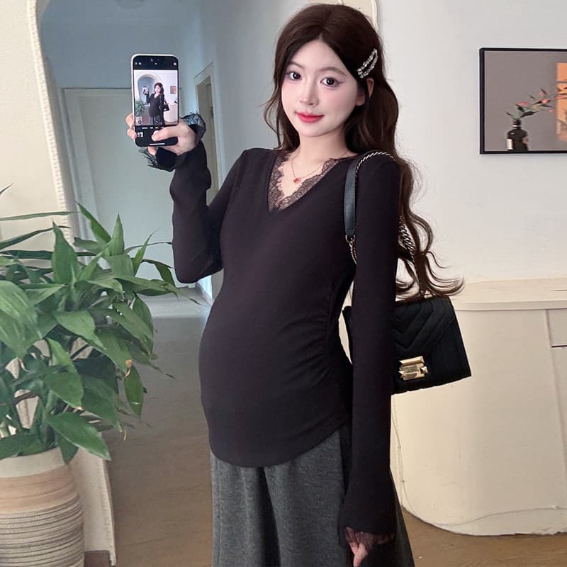 실사 재고 있음 임산부 기본 셔츠 가을 인사이드 가져 가라. 패션 슬림해 보이는 몸매 가꾸기 신축성 임산부 V넥 레이스 셔츠 이미지 4