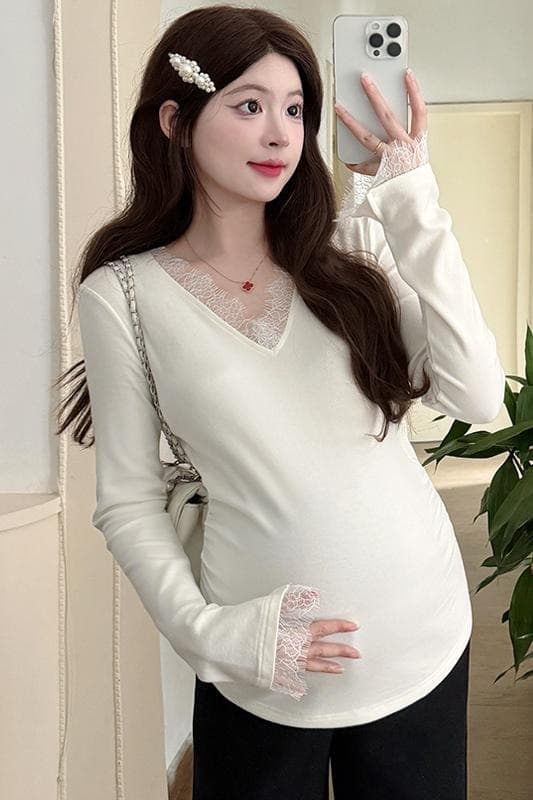 실사 재고 있음 임산부 기본 셔츠 가을 인사이드 가져 가라. 패션 슬림해 보이는 몸매 가꾸기 신축성 임산부 V넥 레이스 셔츠 이미지 6