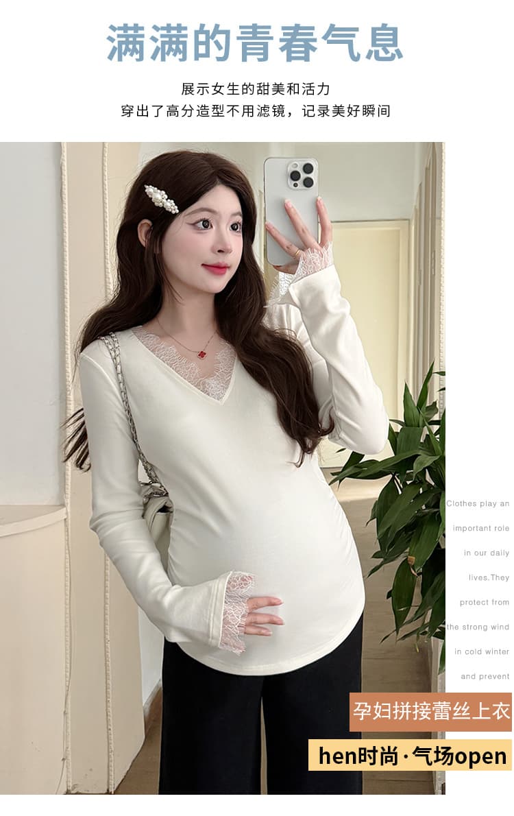 실사 재고 있음 임산부 기본 셔츠 가을 인사이드 가져 가라. 패션 슬림해 보이는 몸매 가꾸기 신축성 임산부 V넥 레이스 셔츠 상세 이미지 1