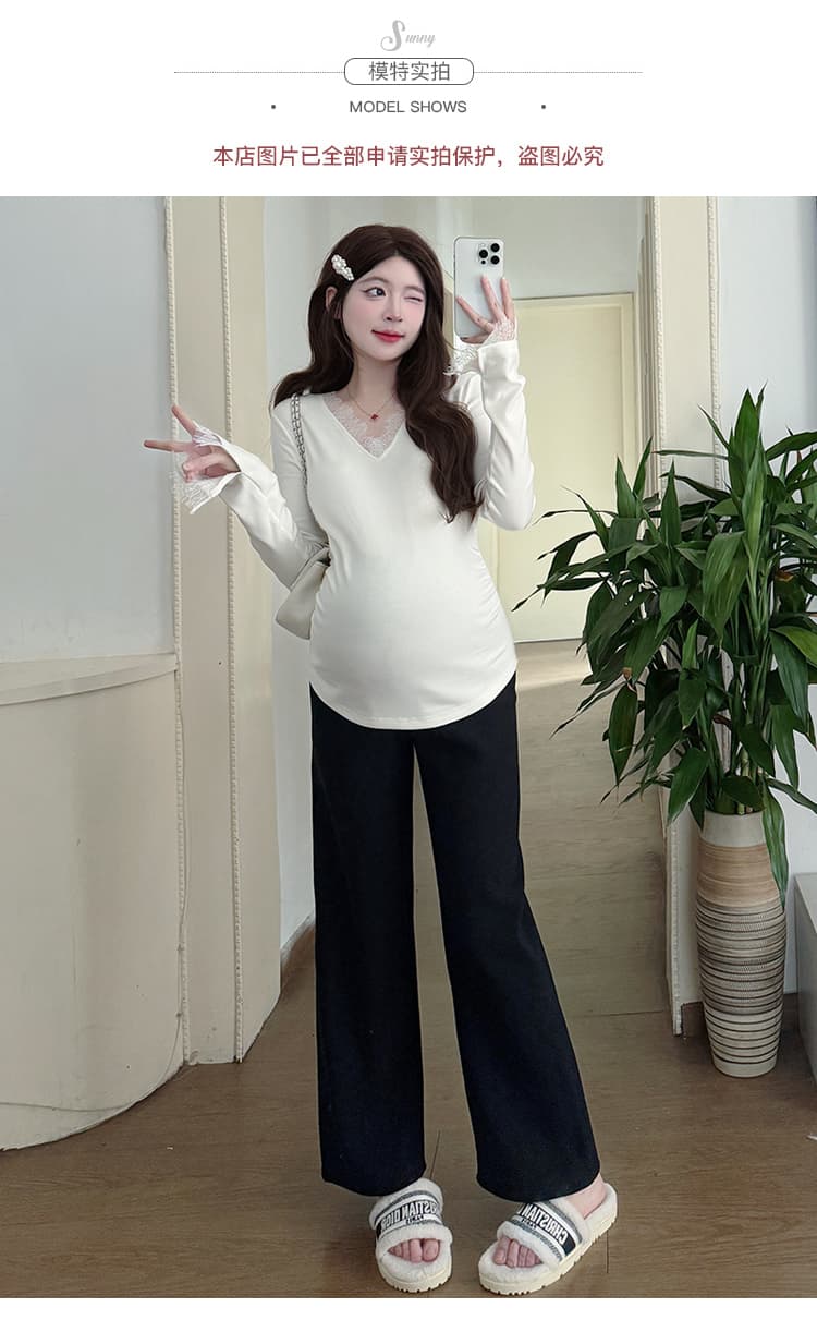 실사 재고 있음 임산부 기본 셔츠 가을 인사이드 가져 가라. 패션 슬림해 보이는 몸매 가꾸기 신축성 임산부 V넥 레이스 셔츠 상세 이미지 11