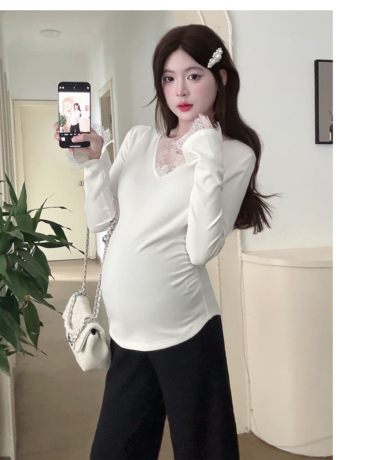 실사 재고 있음 임산부 기본 셔츠 가을 인사이드 가져 가라. 패션 슬림해 보이는 몸매 가꾸기 신축성 임산부 V넥 레이스 셔츠 상세 이미지 12